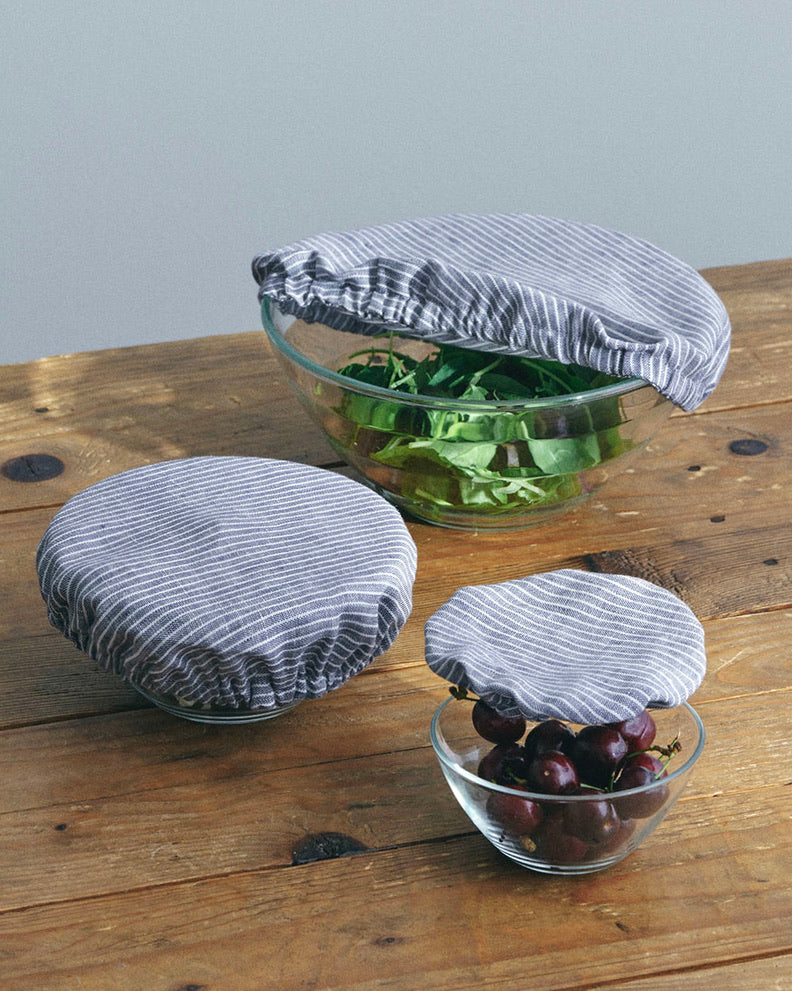 Linen Bowl Cover 3-Piece Assorted Set: Grey White Stripe - Thumbnail 3