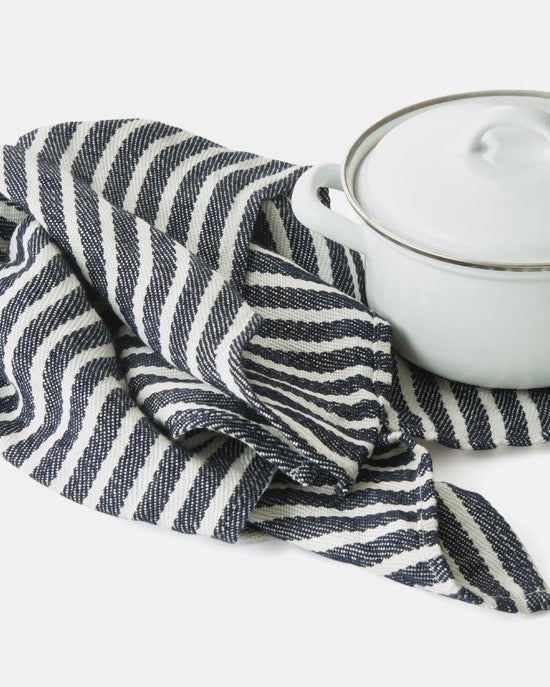 Thick Linen Kitchen Cloth: White Navy Border