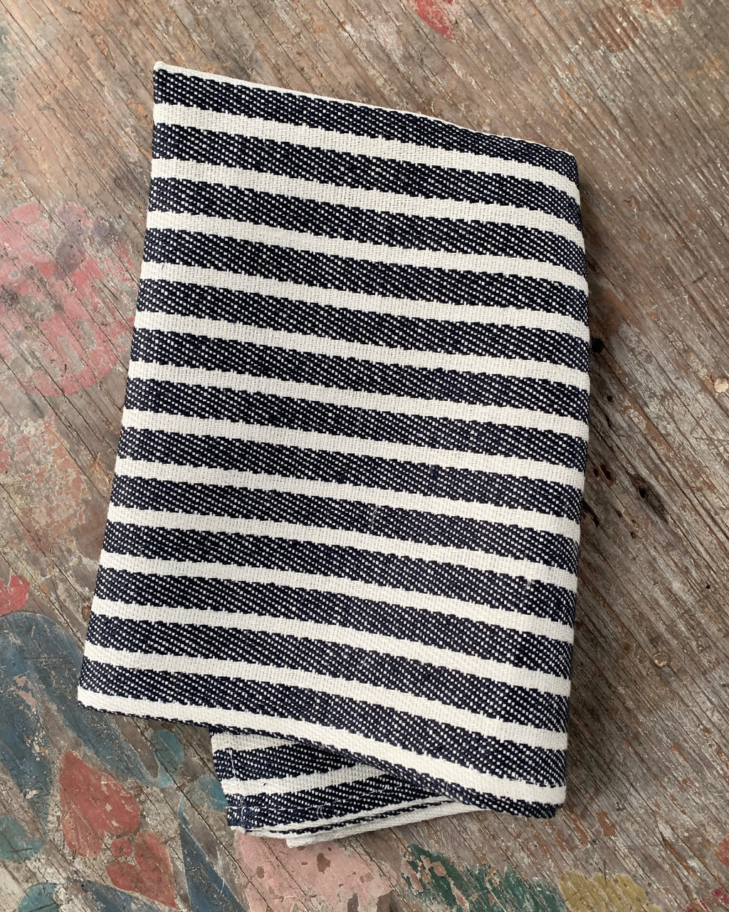 Thick Linen Kitchen Cloth: White Navy Border